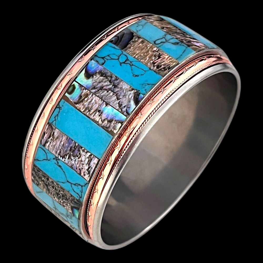 New Abalone Shell Bracelet Bangle Turquoise Silver Copper Tone - 7N
